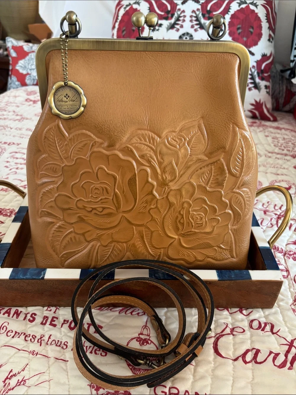 Patricia Nash Novelle Rose Embossed Leather Frame-Top Satchel - Tan
